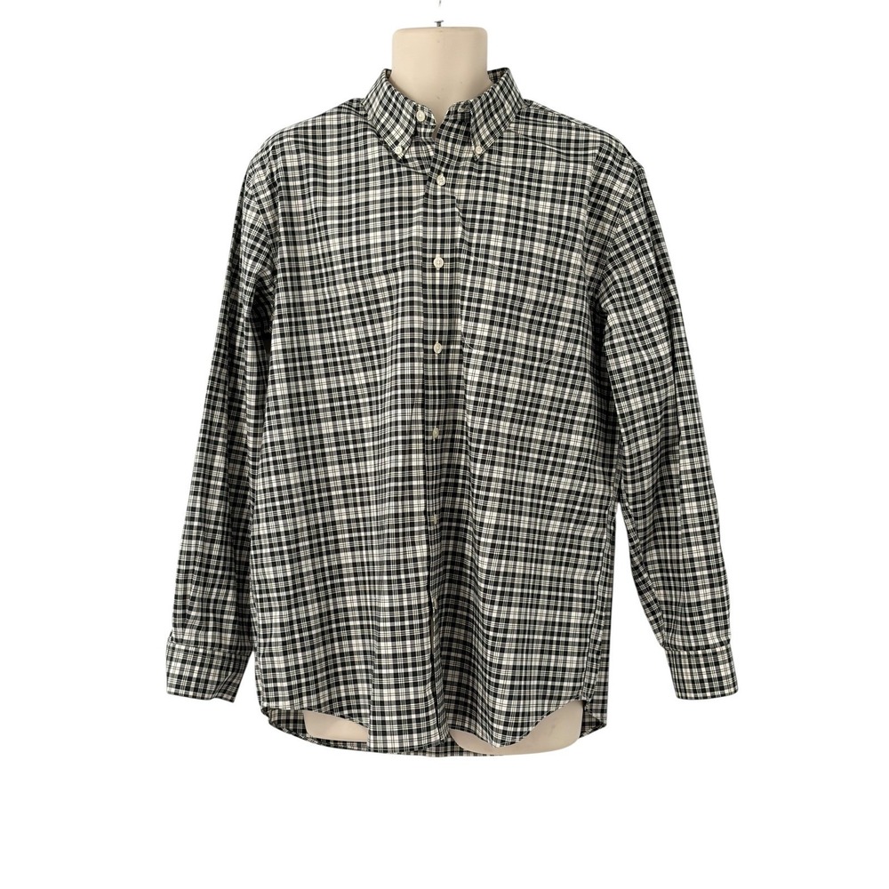 LL Bean Mens Long Sleeve Button Down Wrinkle Free Shirt Black White Plaid L Reg